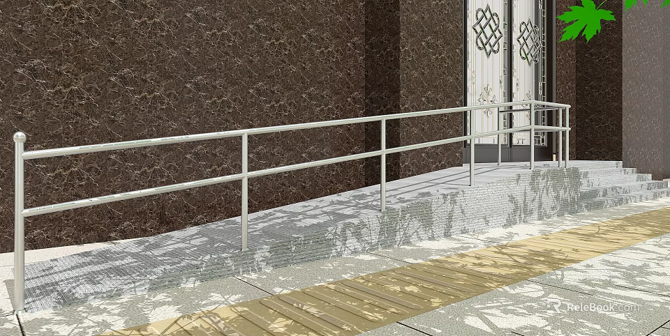White Metal Building Railing With Brown Textured Wall And Patterned Wooden Floor 3d model 