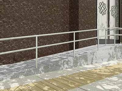 White Metal Building Railing With Brown Textured Wall And Patterned Wooden Floor 3d model