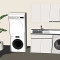 Modern Laundry Room With Stacked Washing Machine Sink Light Colored Cabinets And Plant