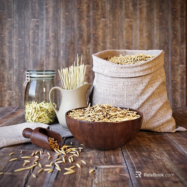 Organic Oats in Burlap Sack and Wooden Bowl with Pasta in Glass Jar on Wooden Background 3d model 