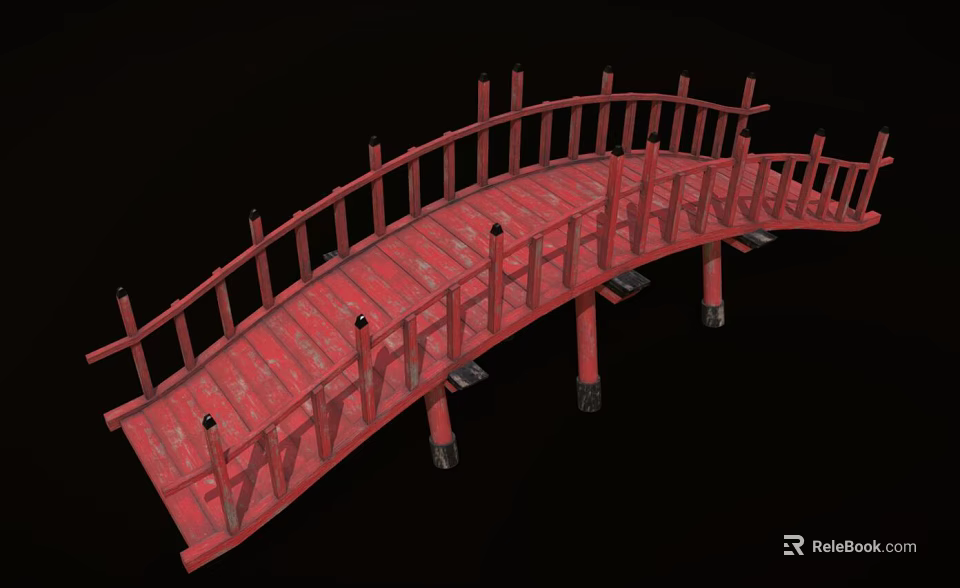 Red Wooden Bridge With Arched Design And Railings On Black Background 3d model 