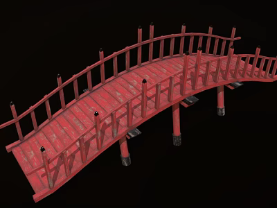 Red Wooden Bridge With Arched Design And Railings On Black Background 3d model