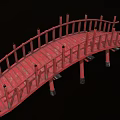 Red Wooden Bridge With Arched Design And Railings On Black Background