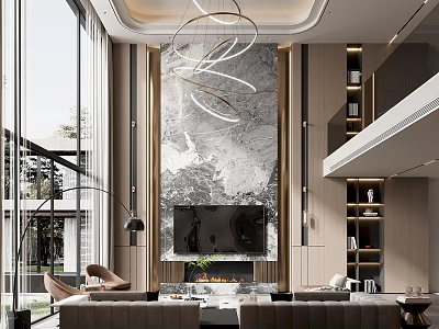 Modern Living Room Interior With Marble Feature Wall And Hanging Pendant Light 3d model