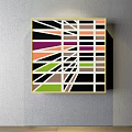 Colorful Abstract Geometric Painting With Various Shapes Hanging On Gray Wall