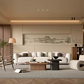 Elegant Modern Living Room Interior With Sofa Mountain Wall Art And Light Wood Coffee Table