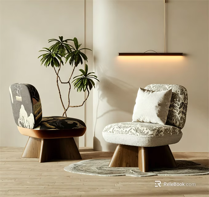 Stylish Patterned Single Sofa With Wooden Legs White Cushion Green Plant And Rug 3d model 