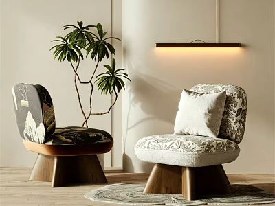 Stylish Patterned Single Sofa With Wooden Legs White Cushion Green Plant And Rug 3d model