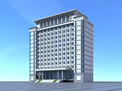 Modern Multi Storey Office Building With Large Windows Front Entrance And Blue Sky Background 3d model