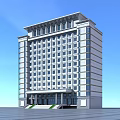 Modern Multi Storey Office Building With Large Windows Front Entrance And Blue Sky Background