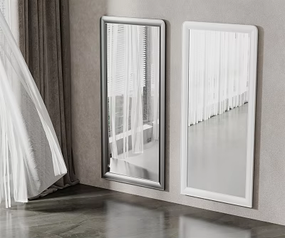 Modern Interior With Two Wall Mounted White Framed Mirrors And Curtains 3d model