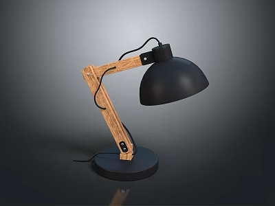 Modern Desk Lamp Combination with Wooden Adjustable Arm Black Shade and Black Base 3d model