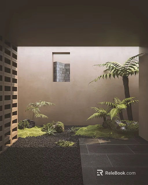 Courtyard Garden With Wooden Lattice Beige Wall Small Window Ferns Moss And Stone Slabs 3d model 