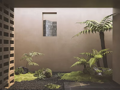 Courtyard Garden With Wooden Lattice Beige Wall Small Window Ferns Moss And Stone Slabs 3d model