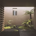 Courtyard Garden With Wooden Lattice Beige Wall Small Window Ferns Moss And Stone Slabs