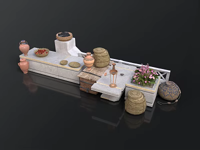 Traditional Courtyard Decorative Setup With Clay Pots Woven Baskets Lantern And Flower Arrangement 3d model
