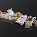 Traditional Courtyard Decorative Setup With Clay Pots Woven Baskets Lantern And Flower Arrangement