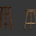 Two Wooden Stools Featuring Dark Simple Design And Decorative Patterned Top With Twisted Legs