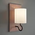 Modern Wall Light With Wooden Backplate White Lampshade And Dark Metal Bracket