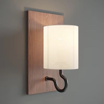 Modern Wall Light With Wooden Backplate White Lampshade And Dark Metal Bracket 3d model