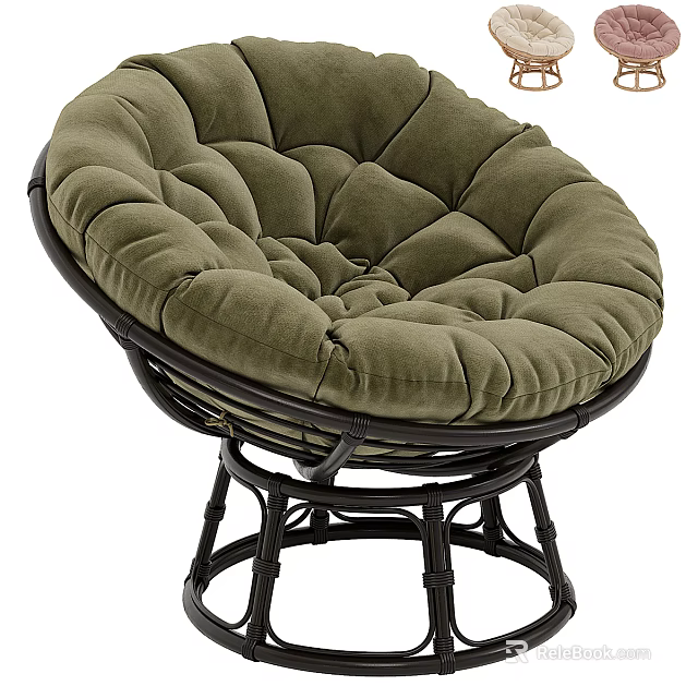 Soft Plush Round Lounge Chair With Green Cushion And Black Rattan Frame 3d model 