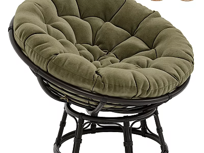 Soft Plush Round Lounge Chair With Green Cushion And Black Rattan Frame 3d model