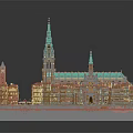 Cartoon Scene Featuring Large Gothic Building With Green Spires And Colorful Houses