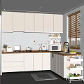 Modern Kitchen Interior With White Cabinets Wooden Countertop Appliances Potted Plants And Anti Slip Mat