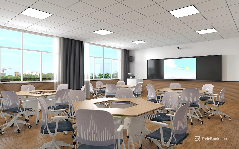 School Classroom With Hexagonal Tables Chairs Large Windows And Projector Screen 3d model 