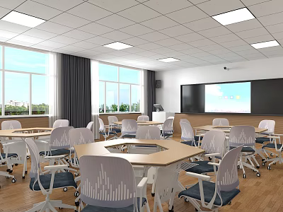 School Classroom With Hexagonal Tables Chairs Large Windows And Projector Screen 3d model