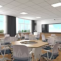 School Classroom With Hexagonal Tables Chairs Large Windows And Projector Screen 3d model