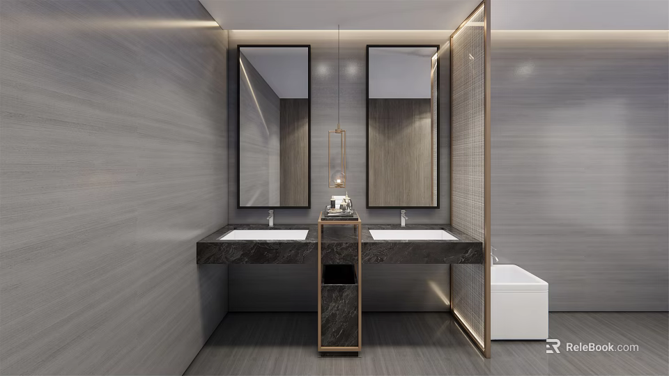 Modern Elegant Public Restroom Interior With Double Sinks Marble Countertop Mirrors And Lighting 3d model 