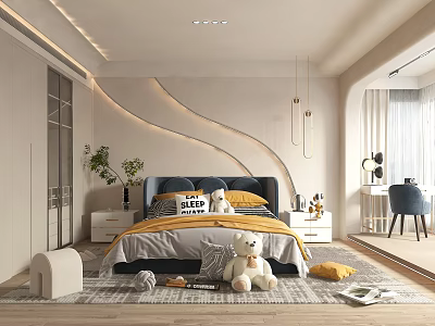 Kids Room Interior Design With Cozy Bed Teddy Bear Rug Nightstand And Pendant Lights 3d model