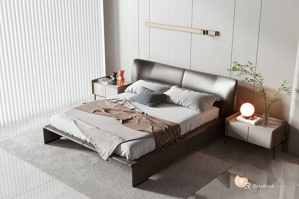 Modern Double Bed with Leather Headboard Bedside Table and Linen Bedding 3d model