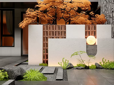 Modern Garden Wall With White Panel Wooden Lattice Orange Tree Round Light And Green Plants 3d model
