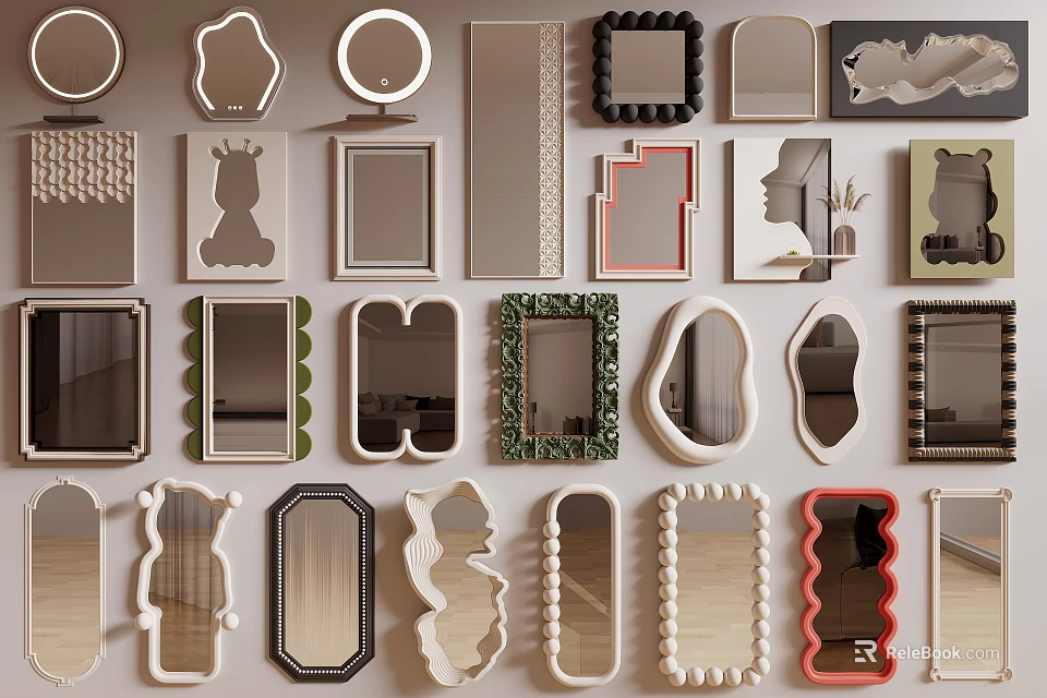 Assorted Decorative Mirrors Featuring Different Shapes And Ornate Frames For Interior Decor 3d model 