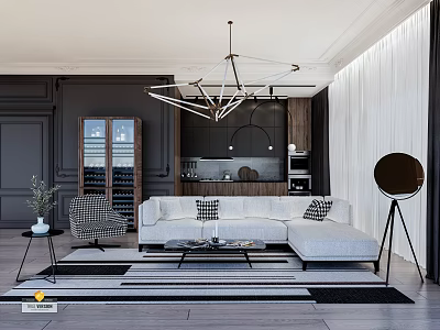 Modern Living Room Interior With Sofa Armchair Geometric Chandelier Round Mirror And Striped Rug 3d model