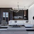 Modern Living Room Interior With Sofa Armchair Geometric Chandelier Round Mirror And Striped Rug
