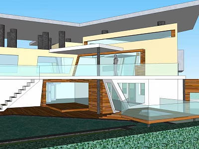 Modern Single Family Villa With Glass Railings Wooden Elements And Open Terrace 3d model