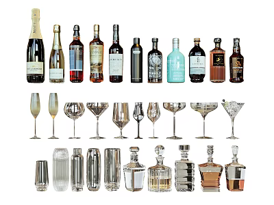 Various Types of Wine Bottles and Glasses for Bar Collection Display Setup 3d model