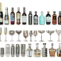 Various Types of Wine Bottles and Glasses for Bar Collection Display Setup