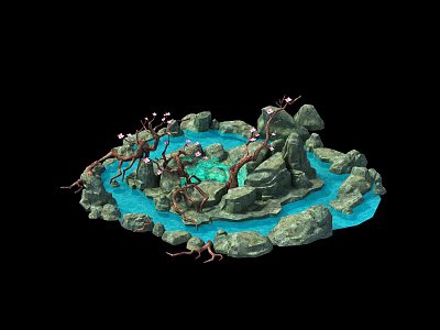 Natural Garden Ornament With Rockery Water Pond Twisted Branches And Pink Blossoms 3d model