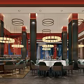 Traditional Chinese Restaurant Interior With Red Decor Lanterns And Food Display Shelves