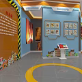 Cultural Art Exhibition Hall Interior With Blue Walls Display Shelves Artworks And Circular Ceiling Lights