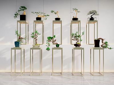 Modern Minimalist Interior With Multiple Golden Metal Plant Stands And Bonsai Trees 3d model