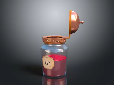 Intricate Sculpture Carving on Open Copper Lid Glass Jar with Red Liquid and HP Label 3d model