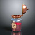 Intricate Sculpture Carving on Open Copper Lid Glass Jar with Red Liquid and HP Label