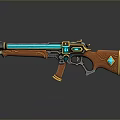 Ornate Fantasy Gun With Orange Wooden Grip Blue Barrel Green Gemstone And Golden Accents