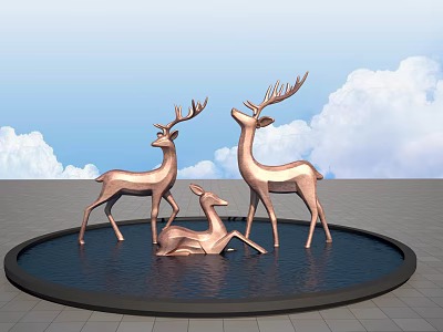 Three Copper Deer Landscape Sculptures in Circular Water Pool with Blue Sky White Clouds 3d model