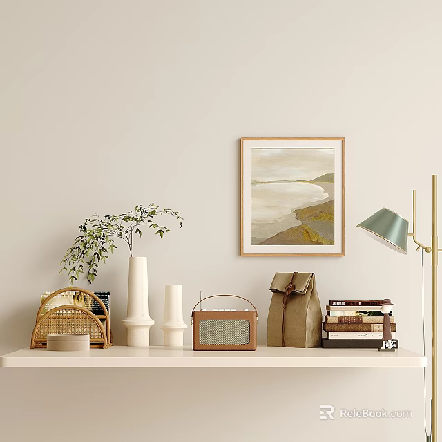 Coastal Landscape Painting Framed On Beige Wall With Shelf Decor Plant Candles Radio Books 3d model 